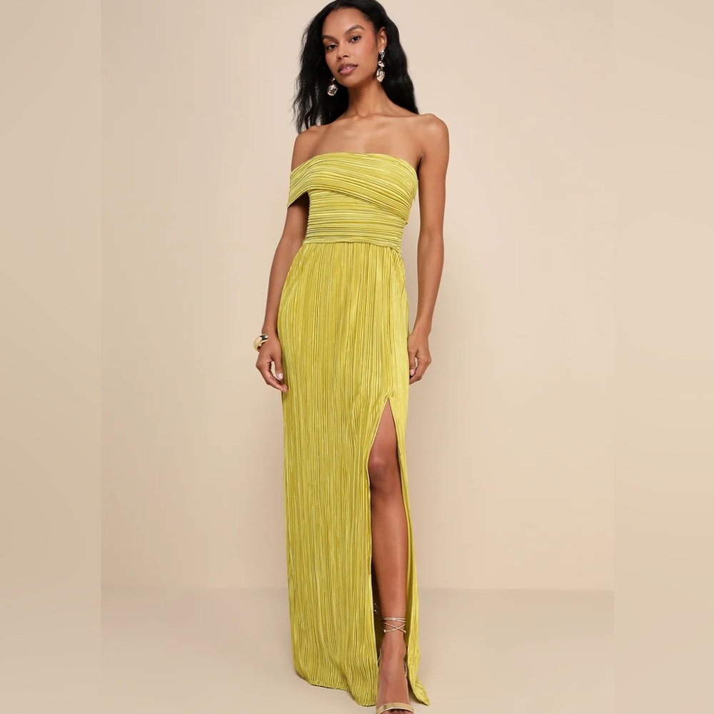 Lulus Poised Performance Chartreuse Plisse One-Shoulder Maxi Dress